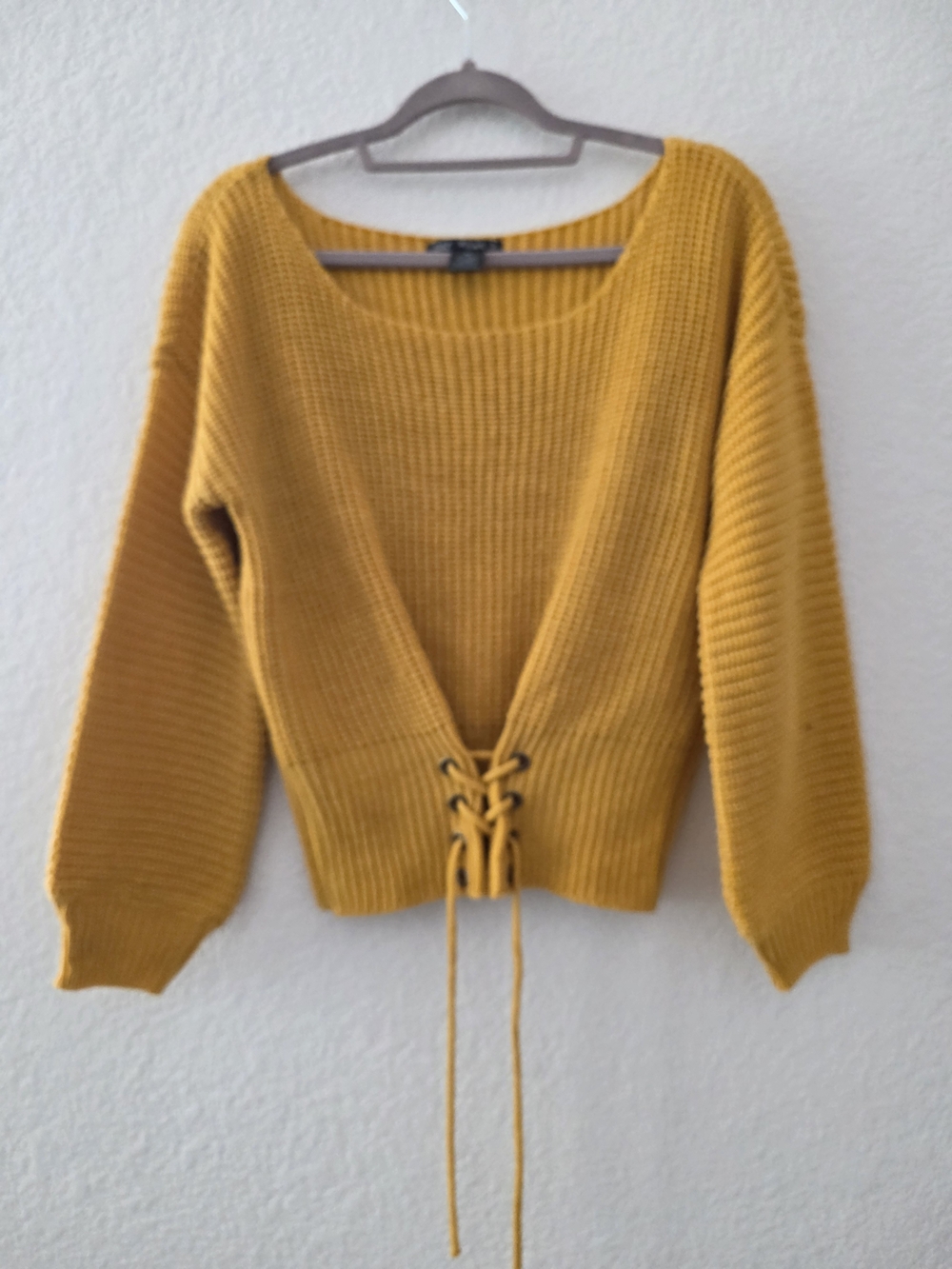 Say What? Mustard Laced-Up Scoop Neck Sweater